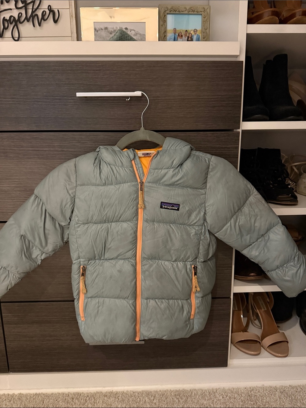 Patagonia Kids Sage Puffer Light Blue Jacket with Orange Trim 5T